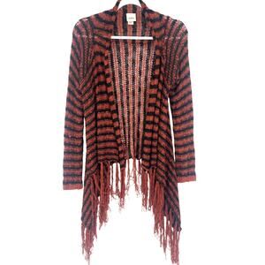 Daytrip Open Knit Fringe Womens Sweater Sz M Festival Grunge Striped Asymmetric